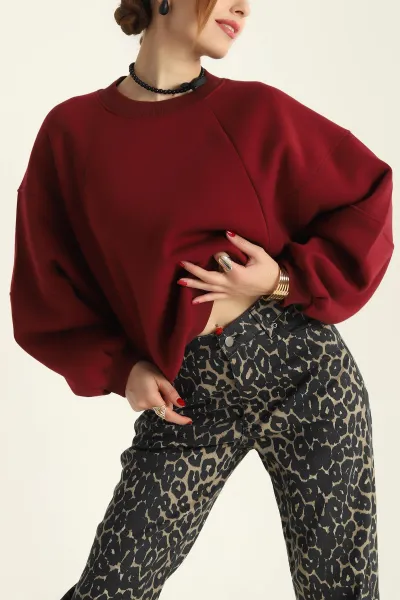 Bordo Üç İp Şardonlu Bayan Sweat 313211