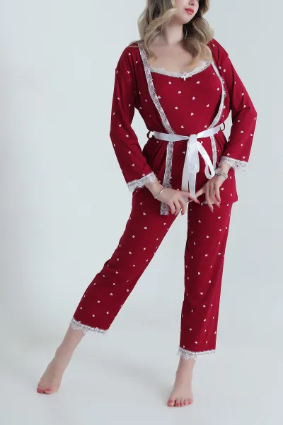 Bordo Üçlü Sleepy Kadın Sabahlık Pijama Takımı 476889