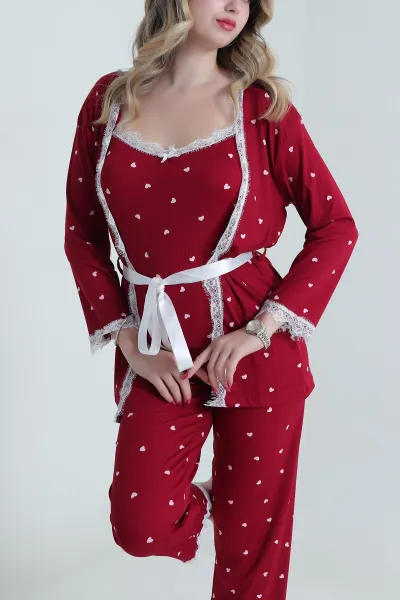 Bordo Üçlü Sleepy Kadın Sabahlık Pijama Takımı 476889