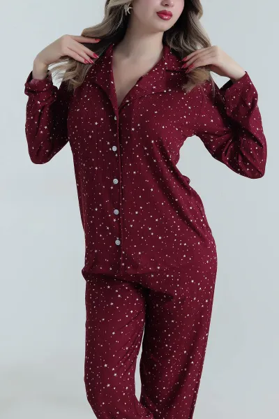 Bordo Uzun Kol Düğmeli Pegasus Kadın Pijama Takımı 499816