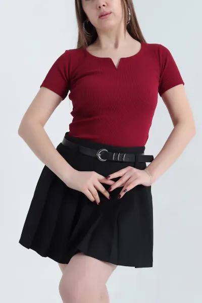 Bordo V Detay Likralı Kaşkorse Bluz 340369