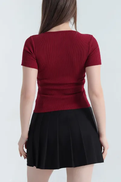 Bordo V Detay Likralı Kaşkorse Bluz 340369