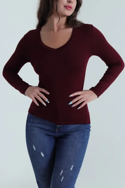 Bordo V Yaka Buzzy Kadın Bluz 484301