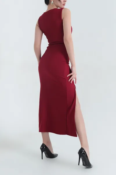 Bordo V Yaka Detay Kolsuz Ottoman Kadın Elbise 345877