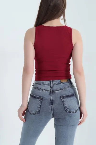 Bordo V Yaka Detay Likralı Ottoman Bluz 337520