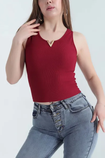 Bordo V Yaka Detay Likralı Ottoman Bluz 337520