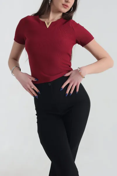 Bordo V Yaka Detay Likralı Ottoman Bluz 337526