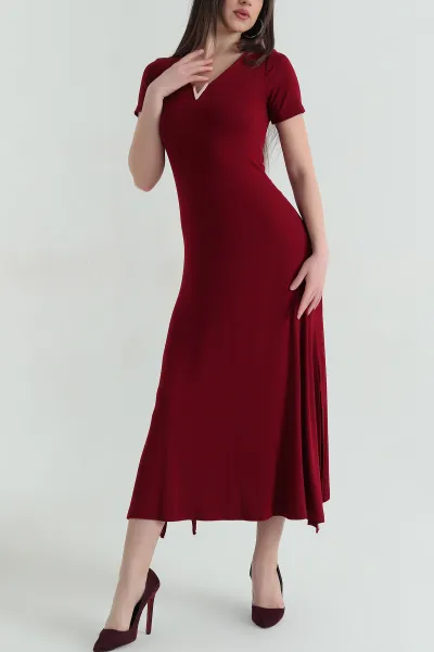 Bordo V Yaka Detay Likralı Ribana Kadın Elbise 359539