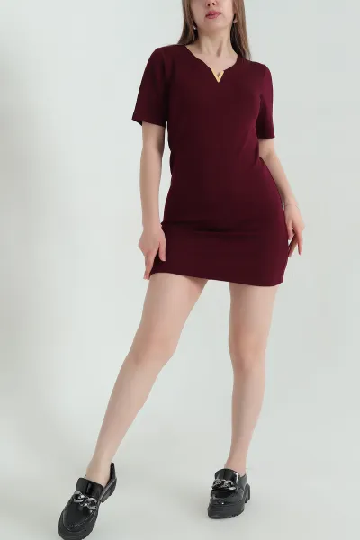 Bordo V Yaka Detaylı Modal Kadın Elbise 347756
