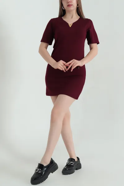 Bordo V Yaka Detaylı Modal Kadın Elbise 347756