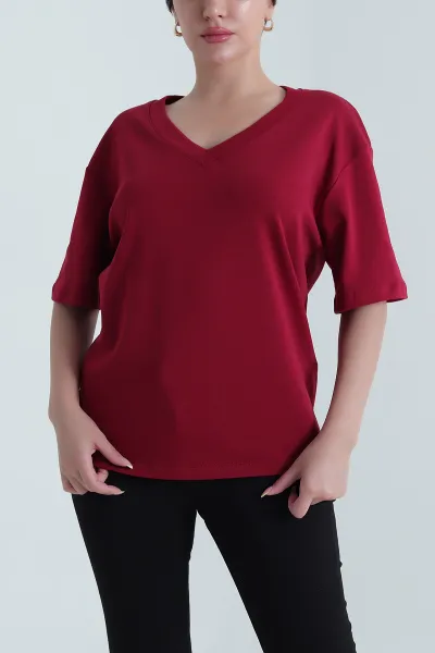 Bordo V Yaka İnterlok Relax Kadın Tişört 468341