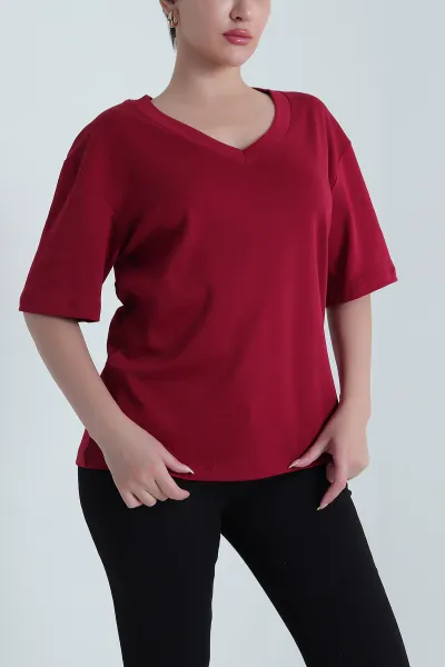 Bordo V Yaka İnterlok Relax Kadın Tişört 468341