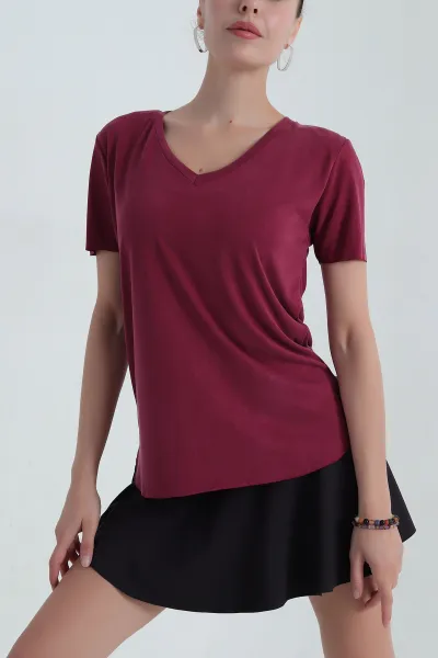 Bordo V Yaka modal  Kadın Tişört 381276