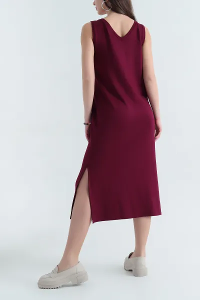 Bordo V Yaka Kristal Elbise 337761