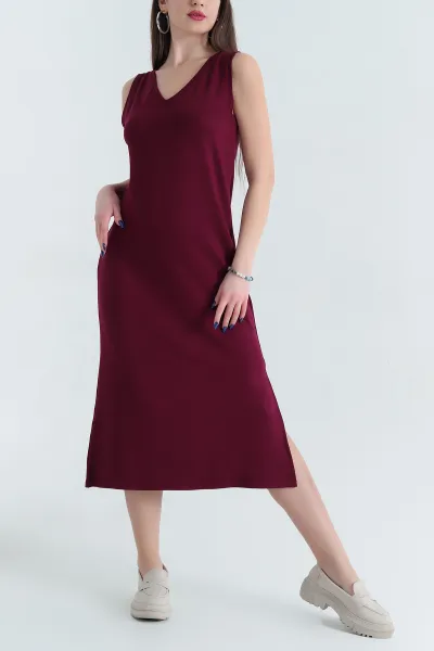 Bordo V Yaka Kristal Elbise 337761