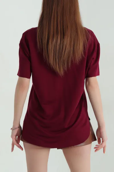 Bordo V Yaka Modal Kadın Tişört 360680