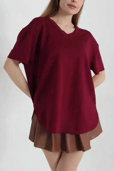 Bordo V Yaka Modal Kadın Tişört 360680
