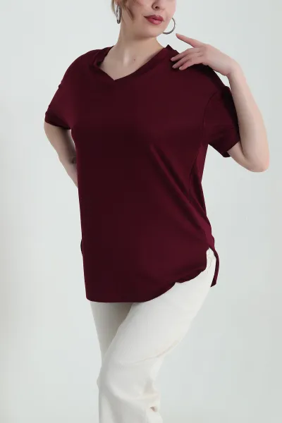 Bordo V Yaka Oval Kesim Oysho Kadın Bluz 433836