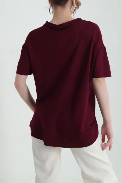Bordo V Yaka Oval Kesim Oysho Kadın Bluz 433836