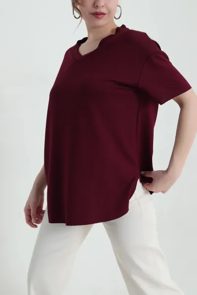 Bordo V Yaka Oval Kesim Oysho Kadın Bluz 433836