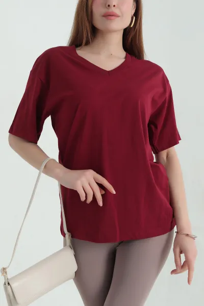 Bordo V Yaka Süprem Kadın Tişört 360789