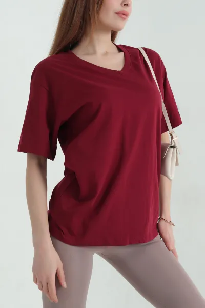 Bordo V Yaka Süprem Kadın Tişört 360789