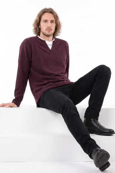 Bordo V Yaka Triko Erkek Sweatshirt 492020