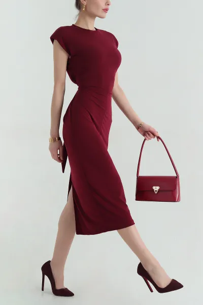 Bordo Vatkalı Belden Bağlamalı Sendy Elbise 350194