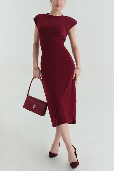 Bordo Vatkalı Belden Bağlamalı Sendy Elbise 350194