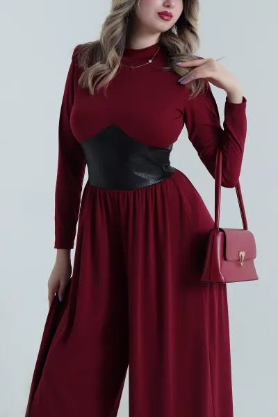 Bordo Vatkalı Beli Deri Garnili Sandy Kadın Tulum 495026