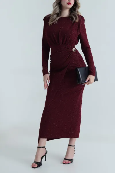 Bordo Vatkalı Fermuarlı Simli Kadın Abiye 494188