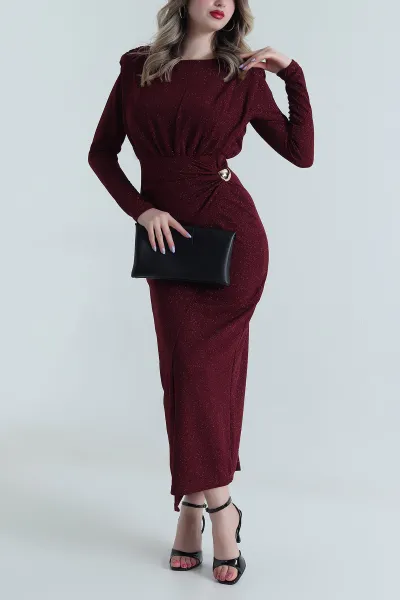 Bordo Vatkalı Fermuarlı Simli Kadın Abiye 494188