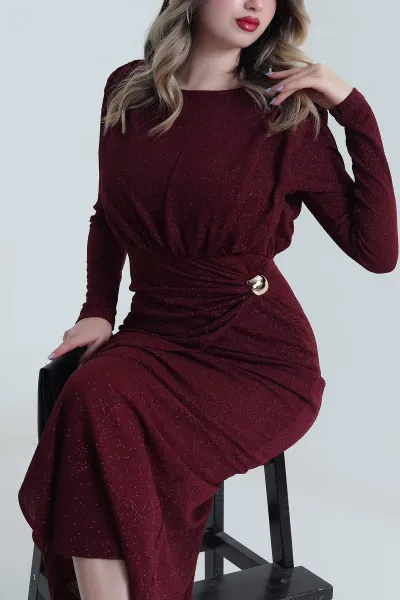 Bordo Vatkalı Fermuarlı Simli Kadın Abiye 494188