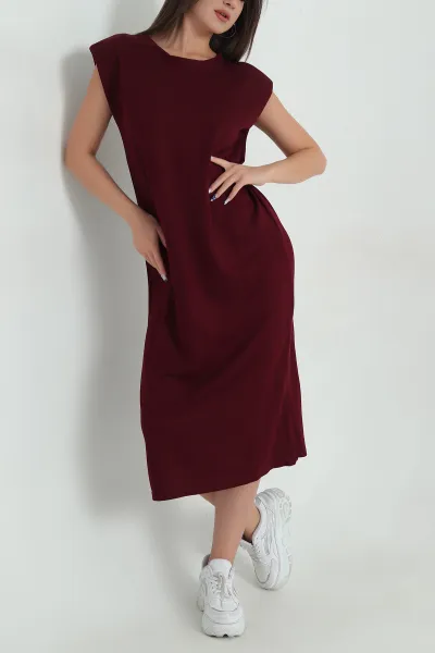 Bordo Vatkalı Kristal Kolsuz Kadın Elbise 372736