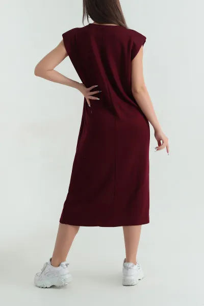 Bordo Vatkalı Kristal Kolsuz Kadın Elbise 372736