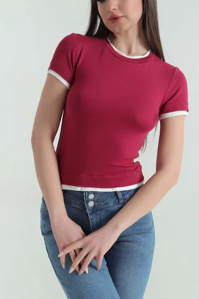Bordo Viskon Bisiklet Yaka Kadın Tişört 355319