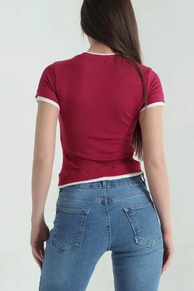 Bordo Viskon Bisiklet Yaka Kadın Tişört 355319