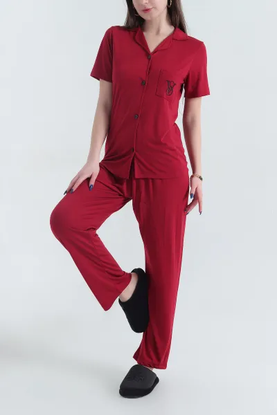 Bordo Viskon Düğmeli Kadın Pijama Takımı 341724