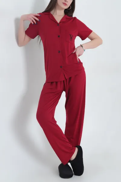 Bordo Viskon Düğmeli Kadın Pijama Takımı 341724