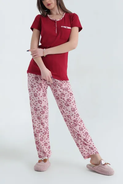 Bordo Viskon Kısa Kol Bayan Pijama Takımı 338230