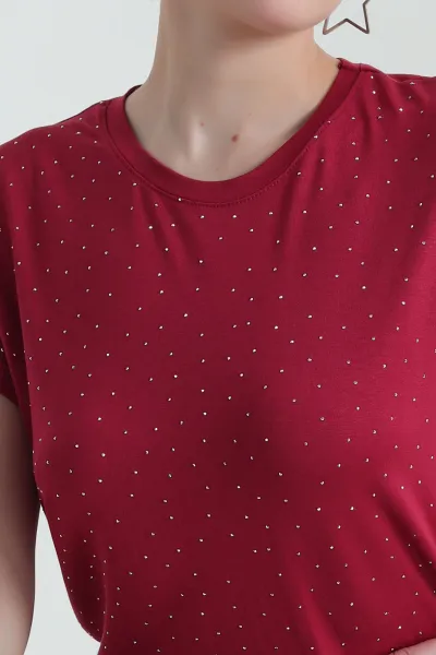 Bordo Viskon Taşlı Likralı Kadın Bluz 433724