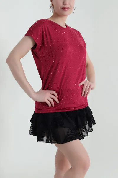 Bordo Viskon Taşlı Likralı Kadın Bluz 433724