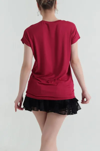 Bordo Viskon Taşlı Likralı Kadın Bluz 433724