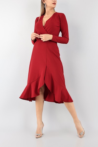 Bordo Volanlı Kruvaze Elbise 96053