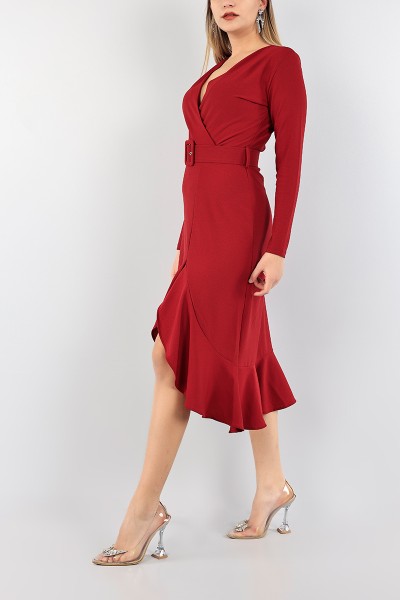 Bordo Volanlı Kruvaze Elbise 96053