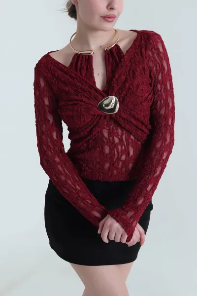 Bordo Yaka Ay Aks Kadın Dantel Bluz 446242