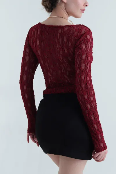 Bordo Yaka Ay Aks Kadın Dantel Bluz 446242