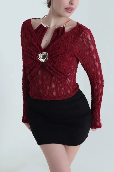 Bordo Yaka Ay Aks Kadın Dantel Bluz 446242
