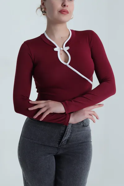 Bordo Yaka Detay Dalgıç Kadın Bluz 493711