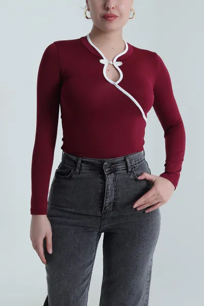 Bordo Yaka Detay Dalgıç Kadın Bluz 493711